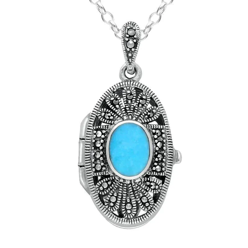 Sterling Silver Turquoise Marcasite Oval Floral Locket sold by C.W. Sellors