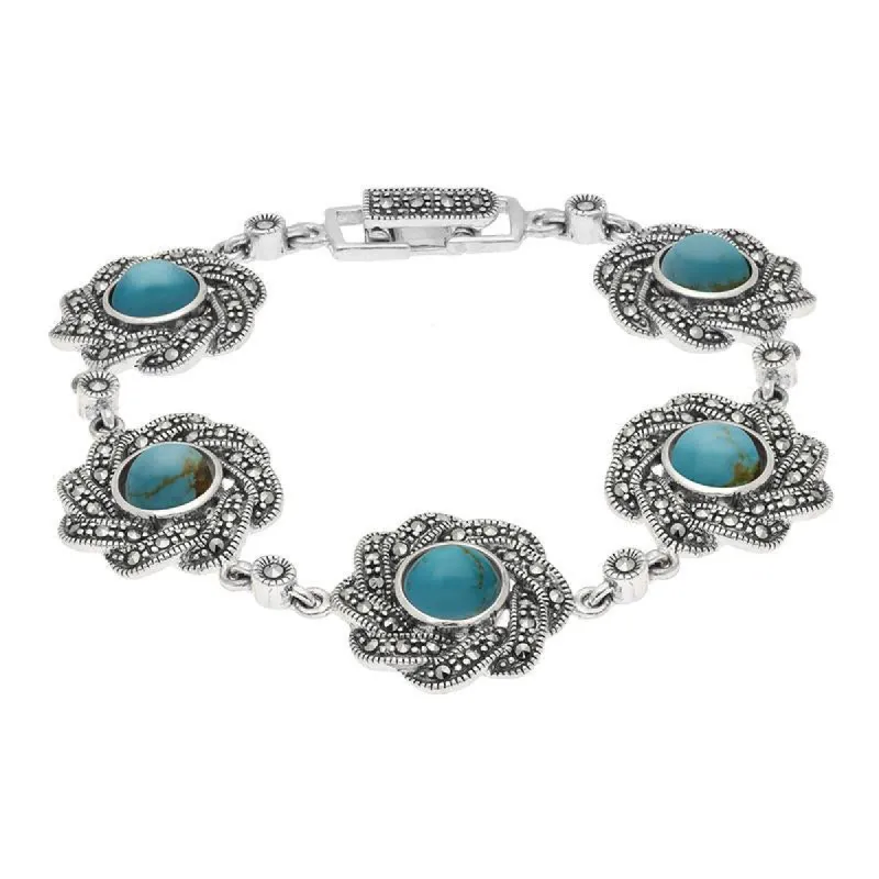 Sterling Silver Turquoise Marcasite Flower Link Bracelet sold by C.W. Sellors