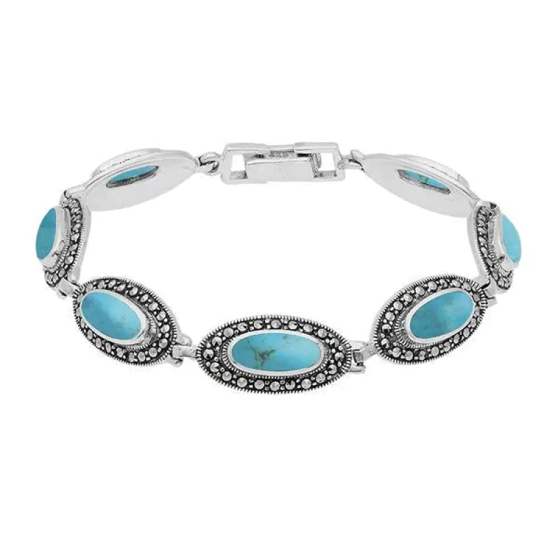 Sterling Silver Turquoise Marcasite Slim Oval Link Bracelet sold by C.W. Sellors