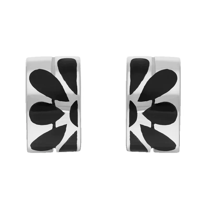 Sterling Silver Whitby Jet Flower Inlaid Wavy Open Hoop Stud Earrings D sold by C.W. Sellors