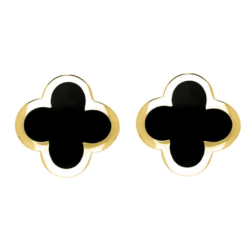 18ct Yellow Gold Whitby Jet Bloom Four Leaf Clover Stud Earrings sold by C.W. Sellors