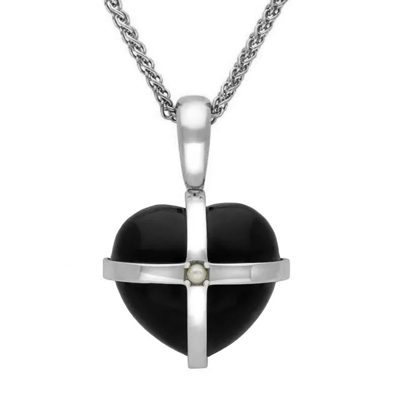 Sterling Silver Whitby Jet One Pearl Medium Cross Heart Necklace sold by C.W. Sellors
