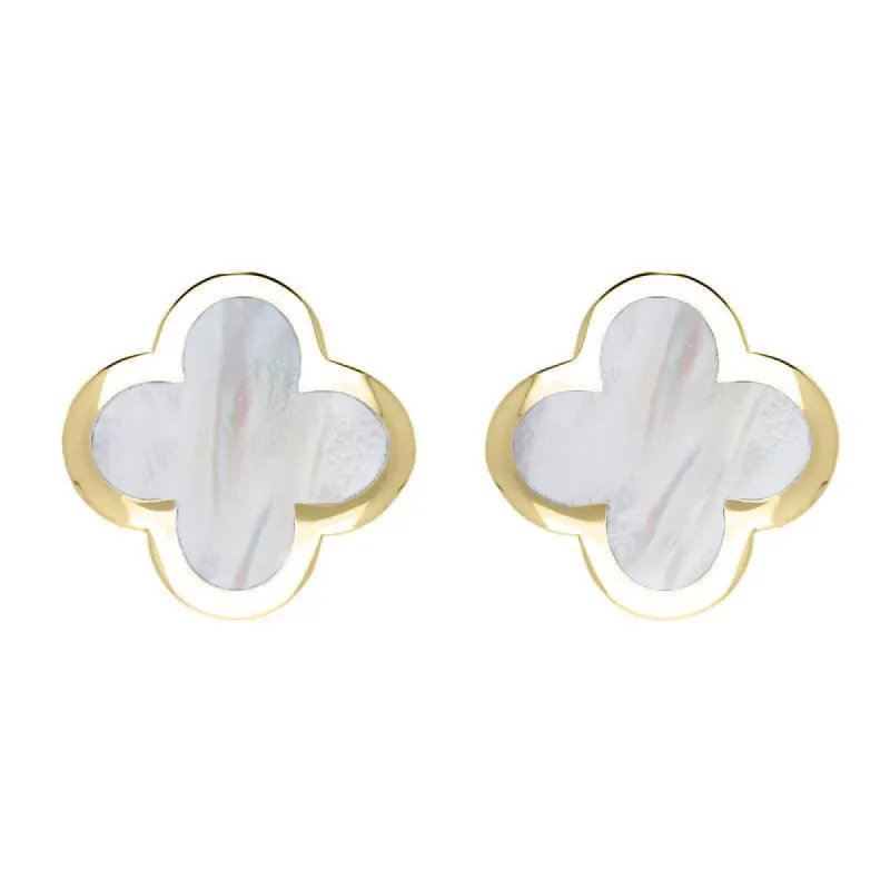 9ct Yellow Gold White Mother of Pearl Bloom Four Leaf Clover Stud Earrings sold by C.W. Sellors