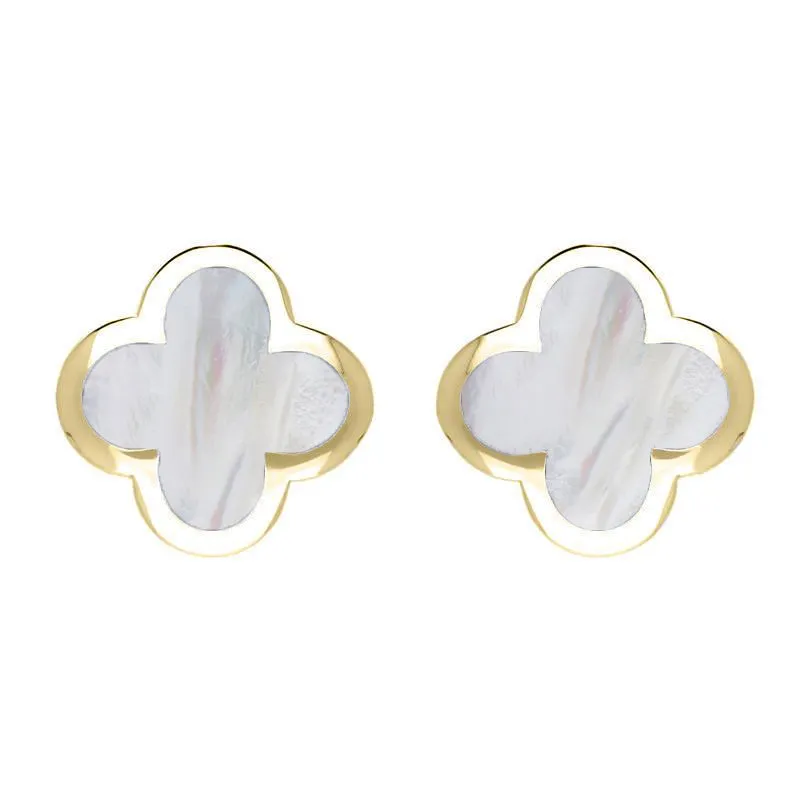 9ct Yellow Gold White Mother of Pearl Bloom Four Leaf Clover Stud Earrings sold by C.W. Sellors