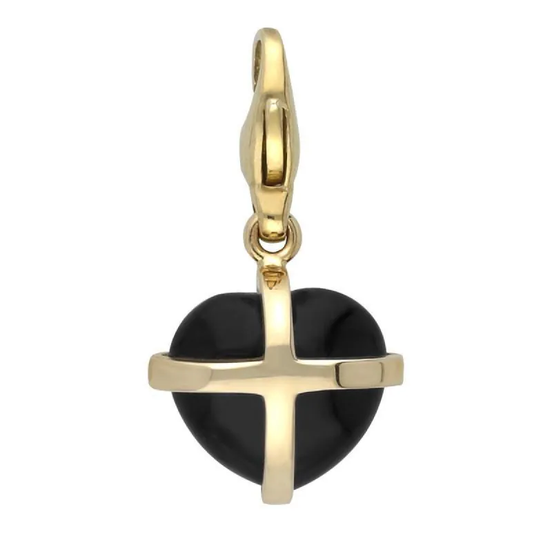 9ct Yellow Gold Whitby Jet Small Cross Heart Charm sold by C.W. Sellors
