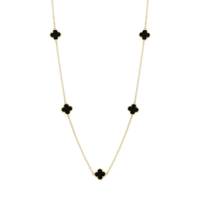 18ct Yellow Gold Whitby Jet Bloom Four Leaf Clover Ball Edge Necklace sold by C.W. Sellors