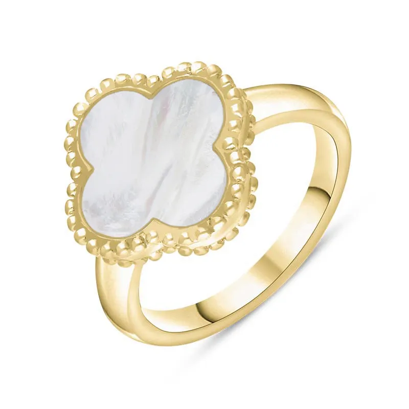 18ct Yellow Gold White Mother of Pearl Bloom Four Leaf Clover Ball Edge Ring sold by C.W. Sellors