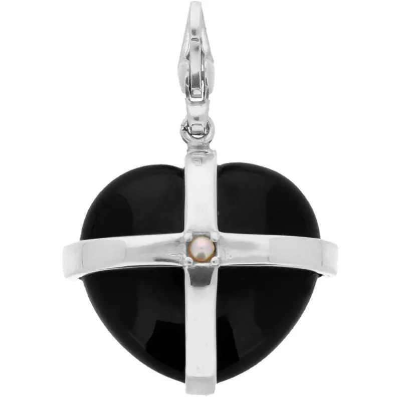 Sterling Silver Whitby Jet and Single Pearl Large Cross Heart Charm sold by C.W. Sellors