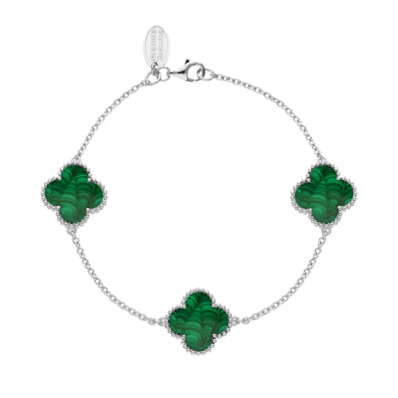 18ct White Gold Malachite Bloom Four Leaf Clover Ball Edge Chain Bracelet sold by C.W. Sellors