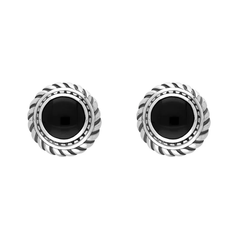 Sterling Silver Whitby Jet Round Rope Edge Omega Clip Earrings D sold by C.W. Sellors