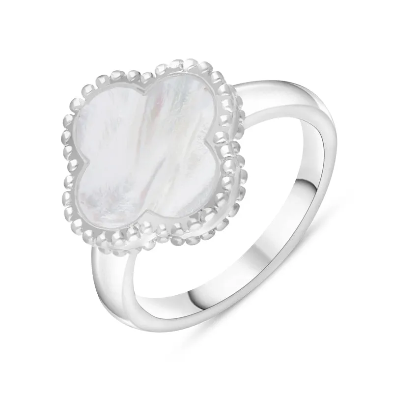 18ct White Gold White Mother of Pearl Bloom Four Leaf Clover Ball Edge Ring sold by C.W. Sellors