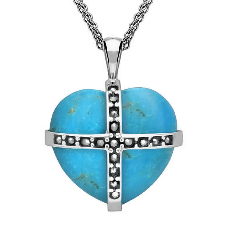 Sterling Silver Turquoise Marcasite Large Cross Heart Necklace sold by C.W. Sellors