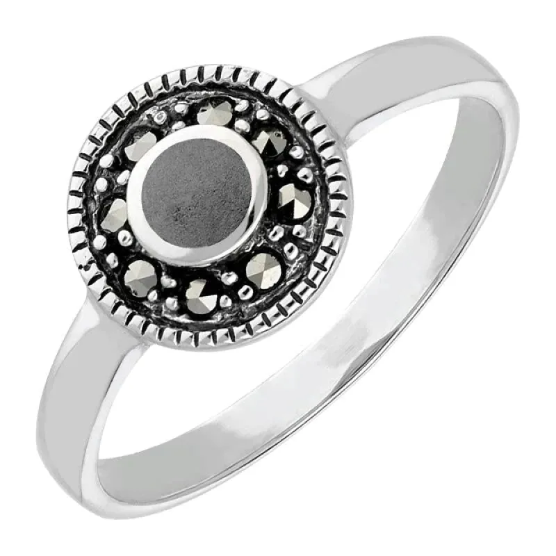 Sterling Silver Hematite Marcasite Beaded Edge Ring sold by C.W. Sellors
