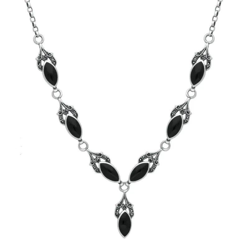 Sterling Silver Whitby Jet Marcasite 7 Stone Pave Marquise Necklace sold by C.W. Sellors