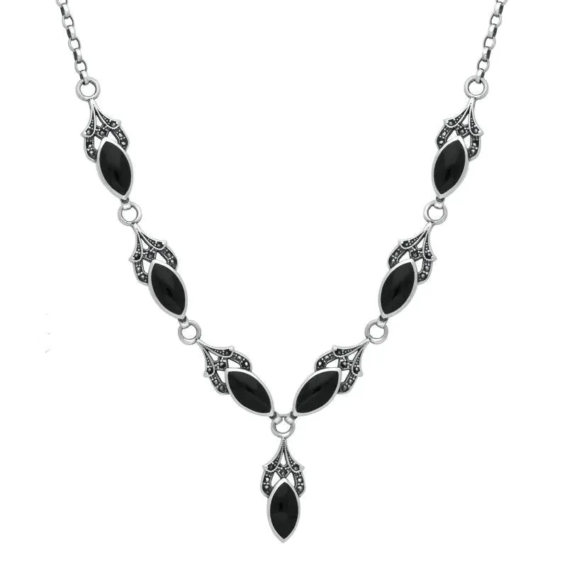 Sterling Silver Whitby Jet Marcasite 7 Stone Pave Marquise Necklace sold by C.W. Sellors