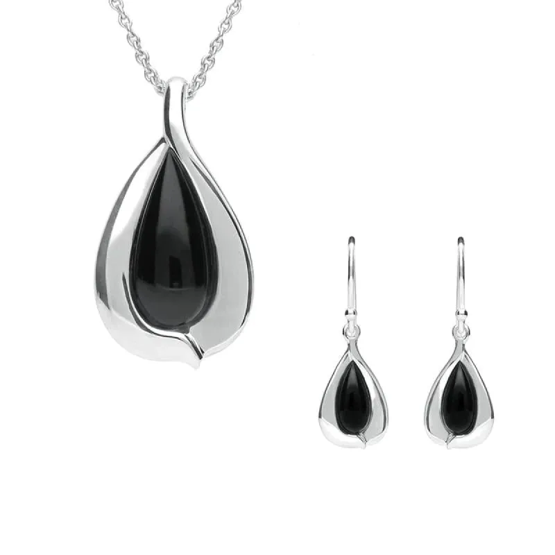 Sterling Silver Whitby Jet Wide Edge Pear Two Piece Set sold by C.W. Sellors