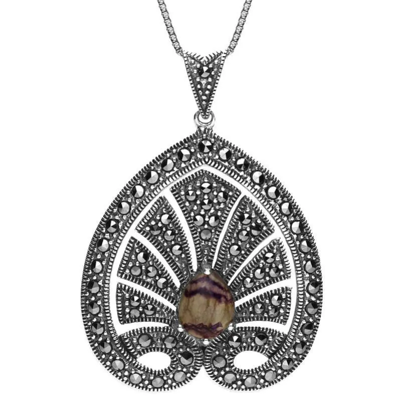 Sterling Silver Blue John Marcasite Style & Fashion Large Leaf Necklace sold by C.W. Sellors