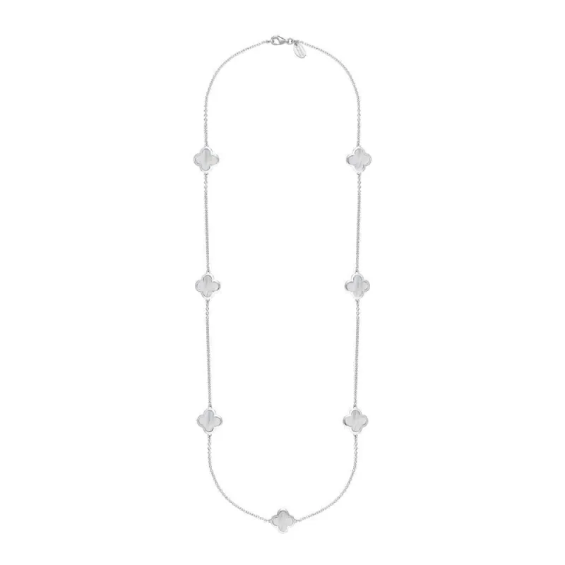 18ct White Gold White Mother of Pearl Bloom Four Leaf Clover Long Necklace sold by C.W. Sellors