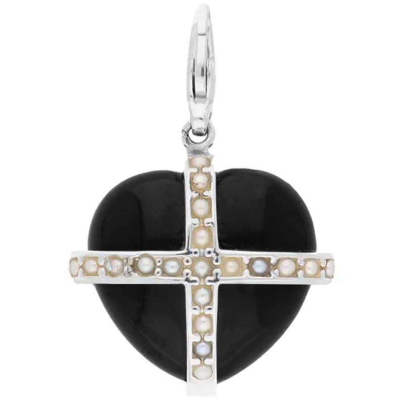 Sterling Silver Whitby Jet Nineteen Pearl Large Cross Heart Charm sold by C.W. Sellors