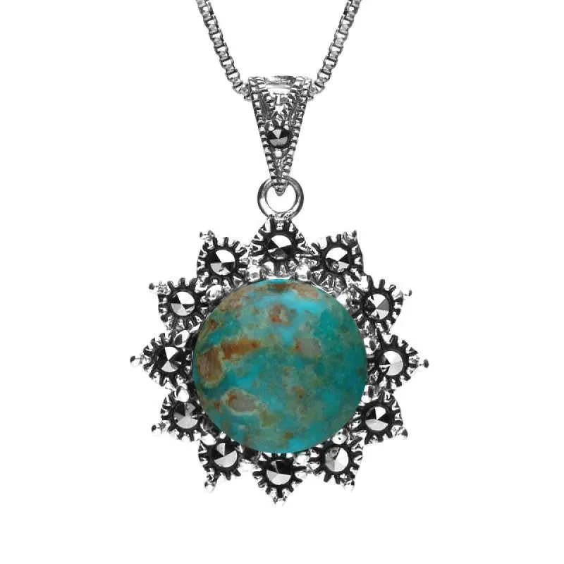Sterling Silver Turquoise Marcasite Round Floral Necklace sold by C.W. Sellors