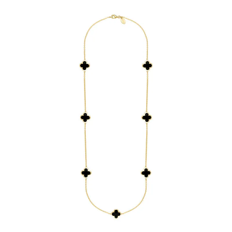 18ct Yellow Gold Whitby Jet Bloom Four Leaf Clover Long Necklace sold by C.W. Sellors