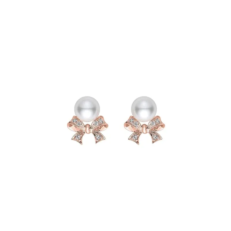 Mikimoto Ribbon 18ct Rose Gold Akoya Pearl Diamond Stud Earrings sold by C.W. Sellors