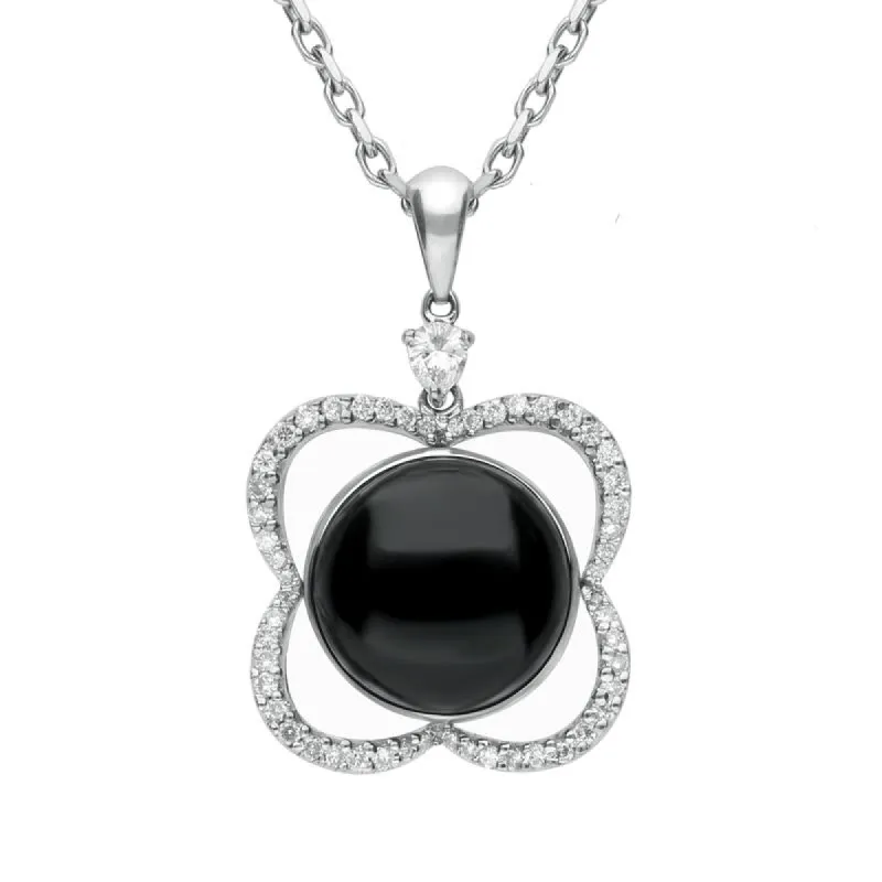 18ct White Gold Whitby Jet Diamond Open Flower Necklace D sold by C.W. Sellors