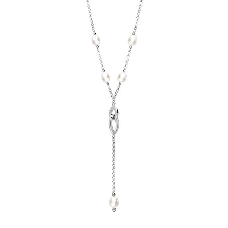 Sterling Silver White Pearl Five Stone Double Oval Drop Necklace D sold by C.W. Sellors