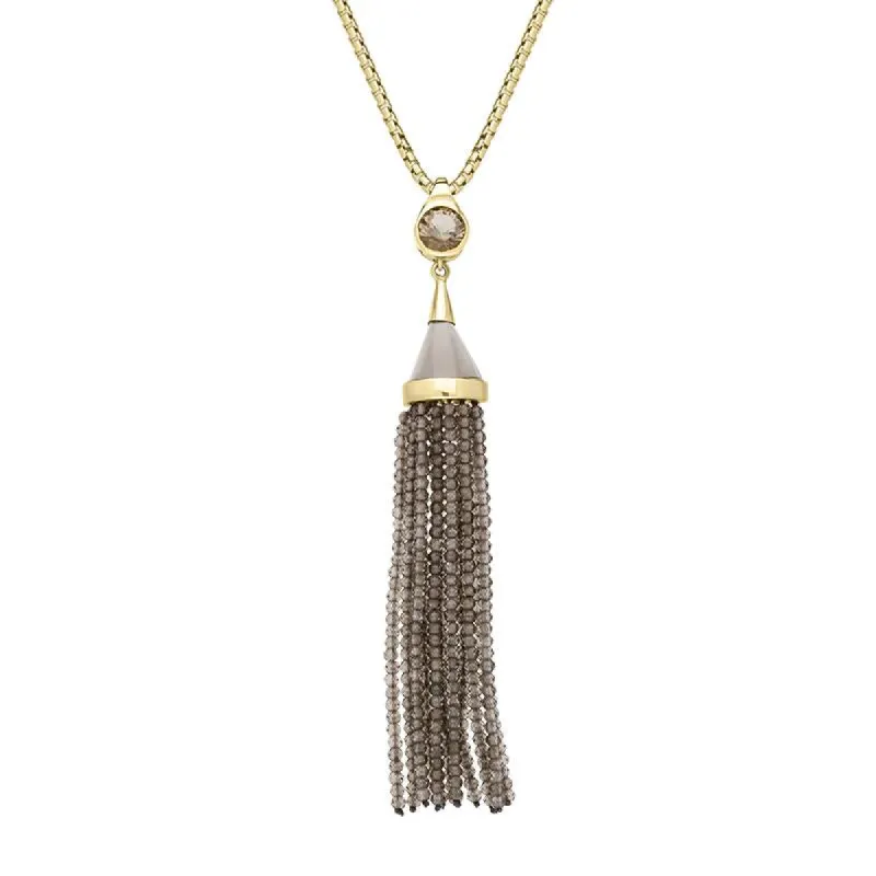 Yellow Gold Plated Sterling Silver Smokey Quartz Round Cascade Tassel Necklace D sold by C.W. Sellors