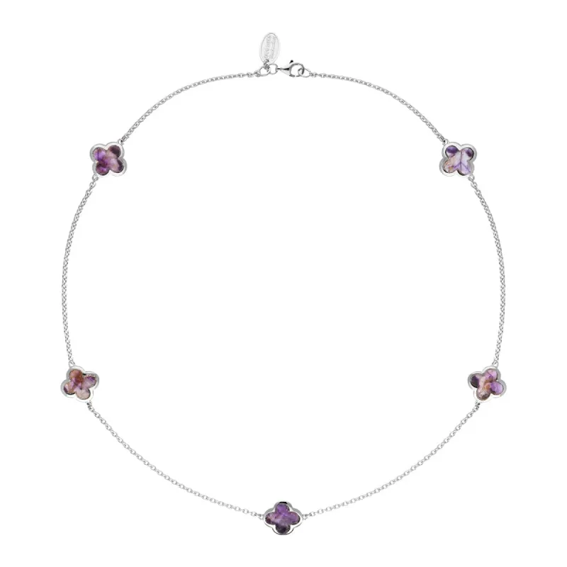 Sterling Silver Blue John Bloom Four Leaf Clover Long Necklace sold by C.W. Sellors