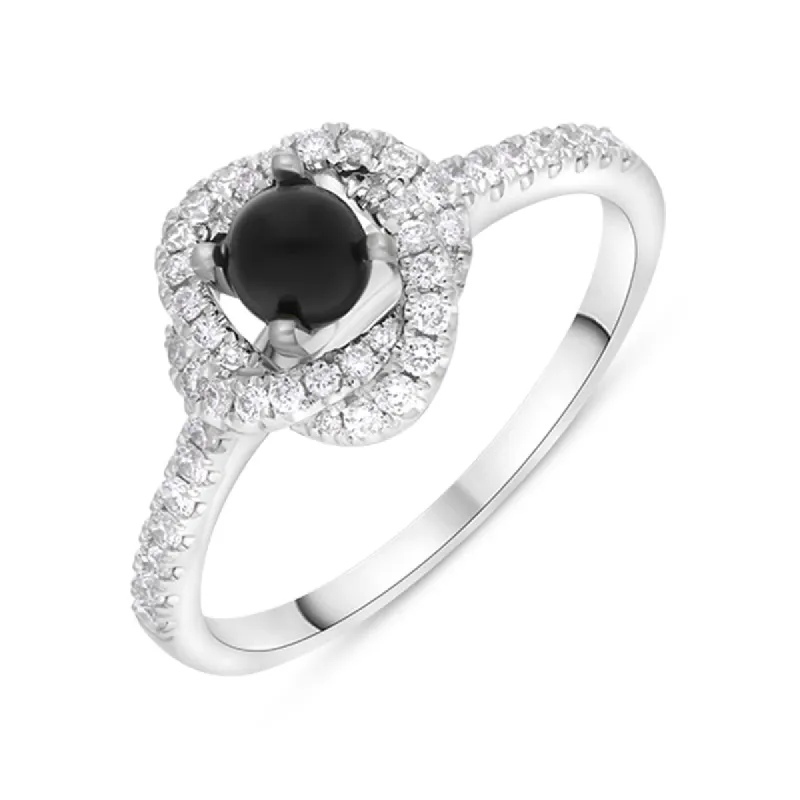 18ct White Gold Whitby Jet 0.31ct Diamond Knot Ring made by C.W. Sellors