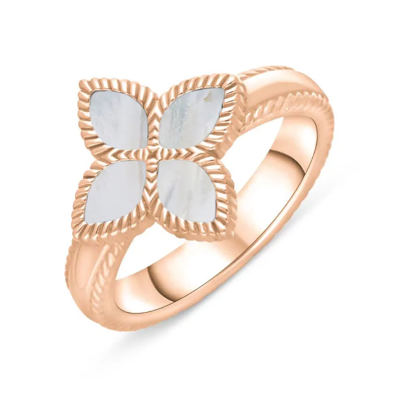 18ct Rose Gold White Mother of Pearl Eden Marquise Flower Ring sold by C.W. Sellors