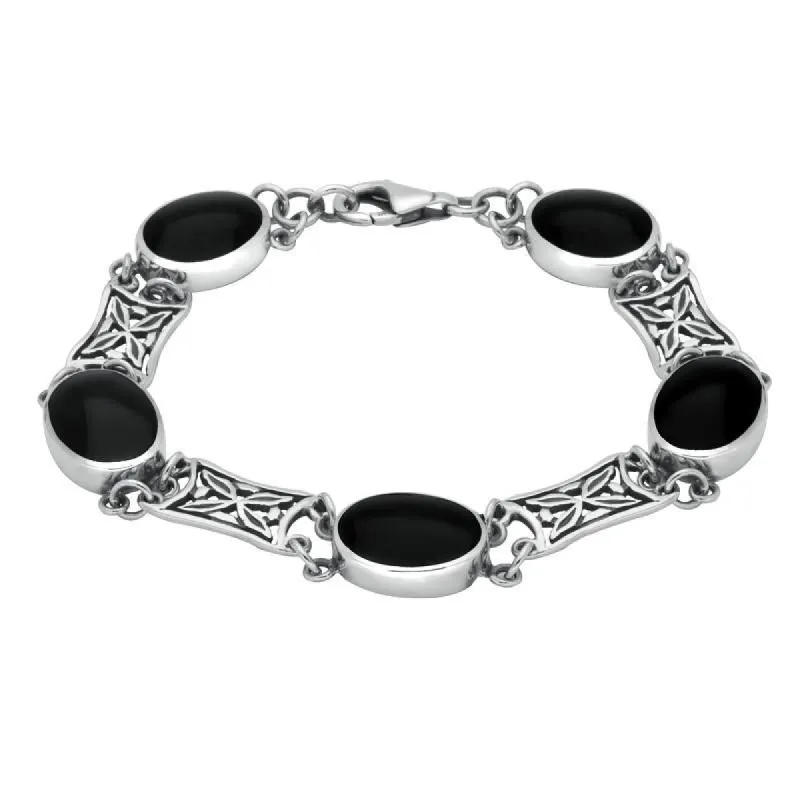 Sterling Silver Whitby Jet Five Stone Pierced Oval Bracelet sold by C.W. Sellors