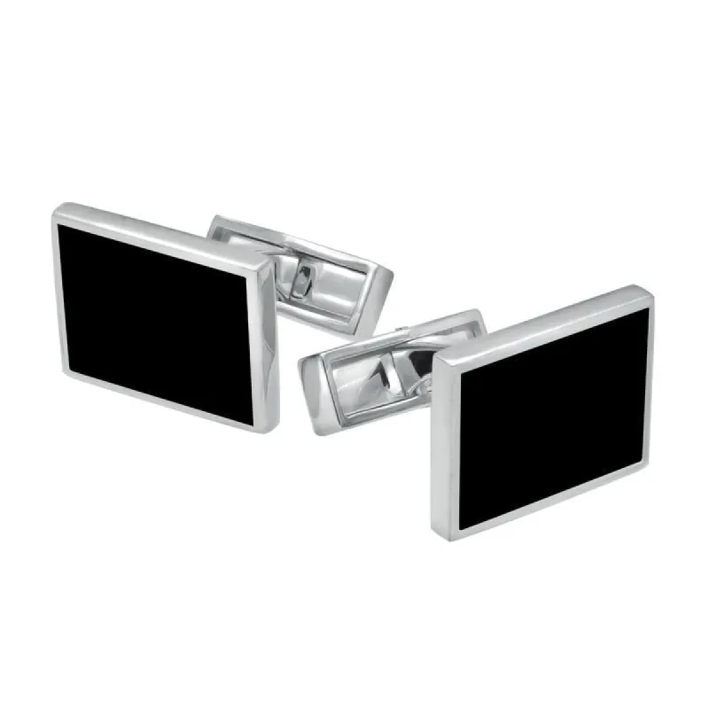 Sterling Silver Whitby Jet Twin Stone Oblong Cufflinks sold by C.W. Sellors