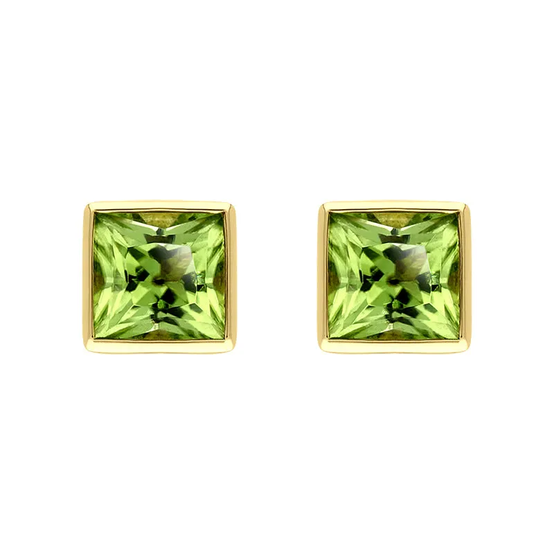9ct Yellow Gold Peridot 4mm Princess Cut Rub Over Set Stud Earrings sold by C.W. Sellors