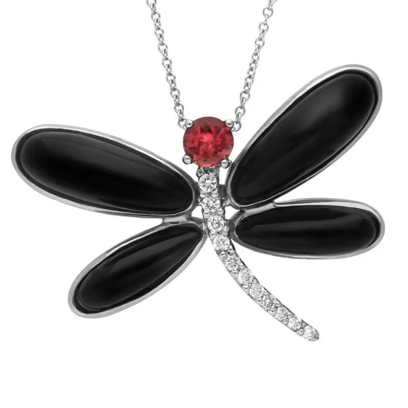 18ct White Gold Whitby Jet Diamond Rubellite Dragonfly Necklace sold by C.W. Sellors
