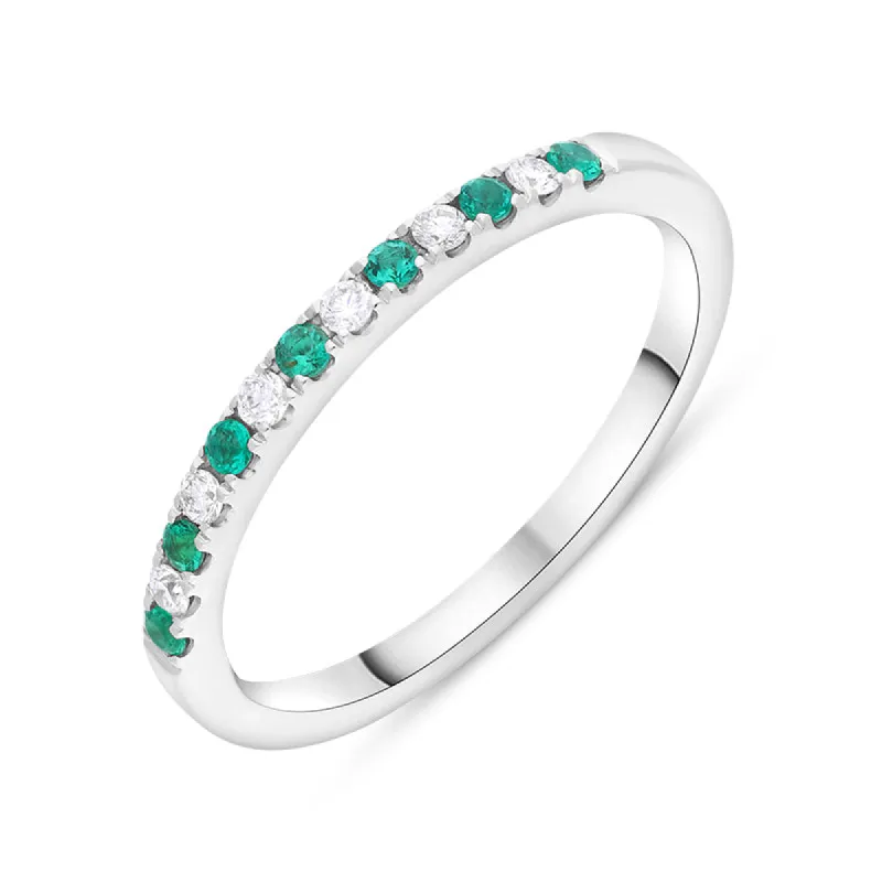 18ct White Gold Emerald Diamond Castle Set Half Eternity Ring sold by C.W. Sellors
