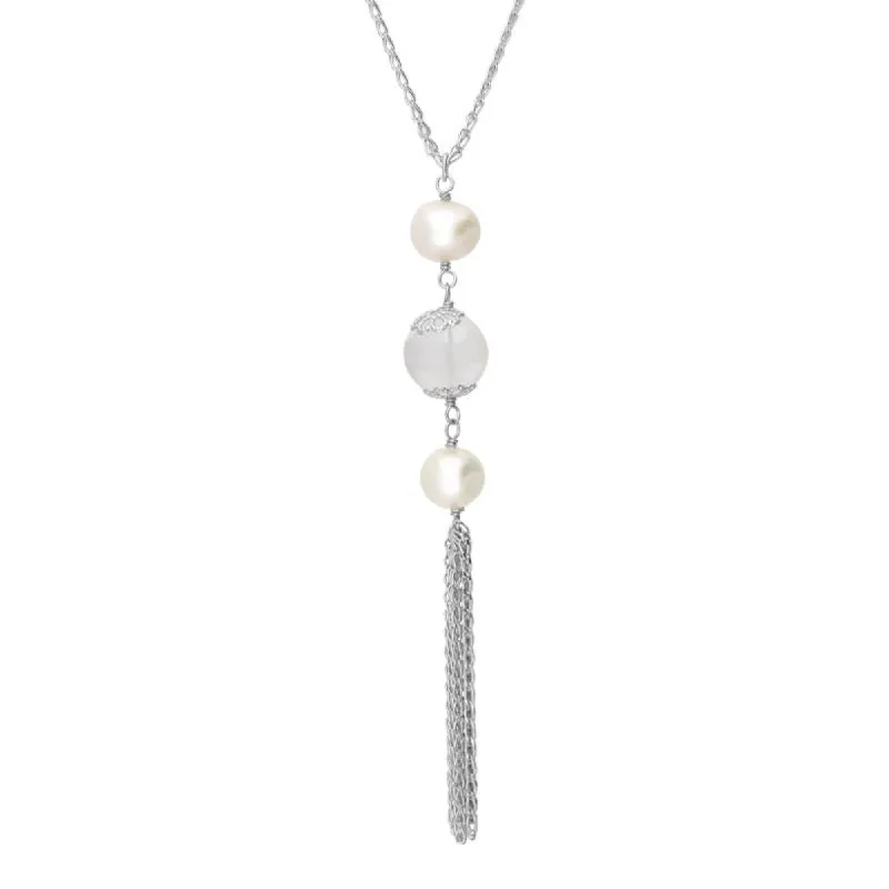 Sterling Silver Pearl Crystal Triple Stone Tassel Drop Necklace sold by C.W. Sellors