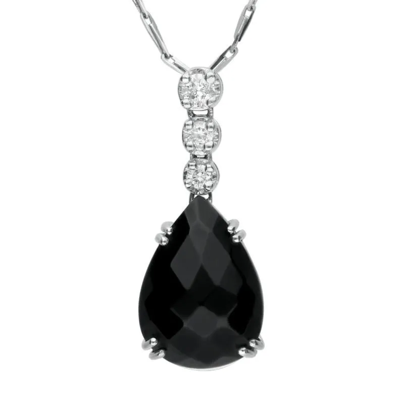18ct White Gold Whitby Jet 0.14ct Diamond Faceted Pear Necklace D sold by C.W. Sellors