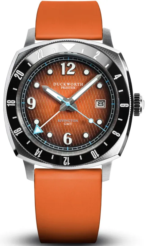 Duckworth Prestex Rivington GMT Orange Fume Orange Rubber Watch made by C.W. Sellors