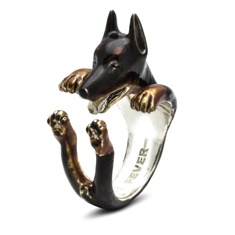 Dog Fever Sterling Silver Enamelled Doberman Hug ring D sold by C.W. Sellors