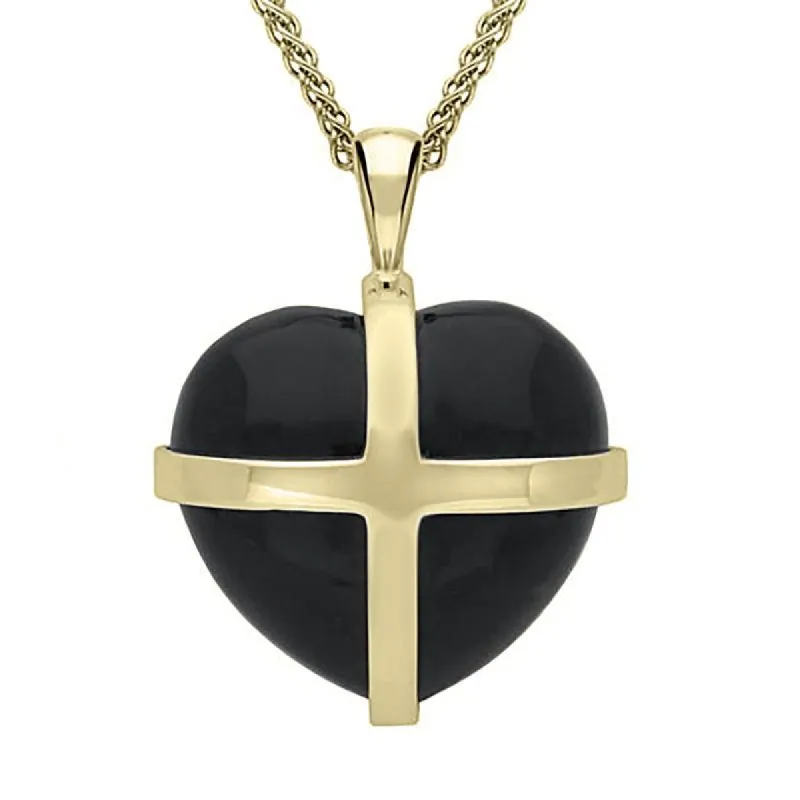 18ct Yellow Gold Whitby Jet Large Cross Heart Necklace sold by C.W. Sellors