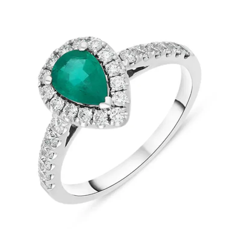 Platinum 0.40ct Emerald Diamond Pear Cut Cluster Halo Ring sold by C.W. Sellors