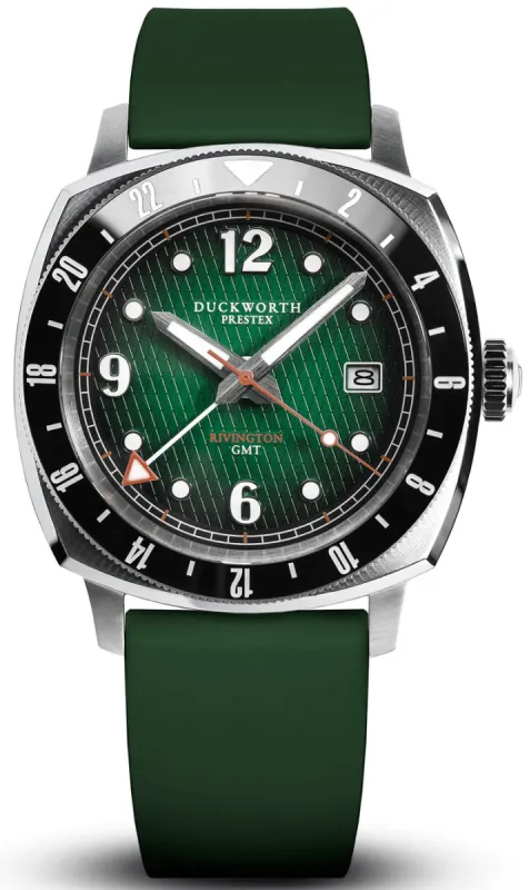 Duckworth Prestex Rivington GMT Green Fume Green Rubber Watch made by C.W. Sellors