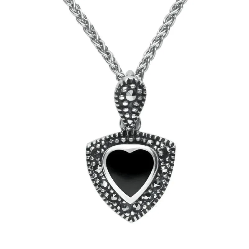 Sterling Silver Whitby Jet Marcasite Triangle Heart Necklace sold by C.W. Sellors