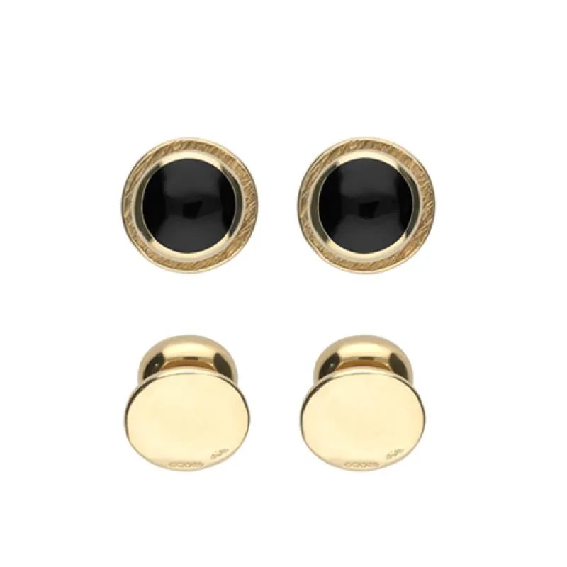 9ct Yellow Gold Whitby Jet Framed Round Shirt Studs sold by C.W. Sellors