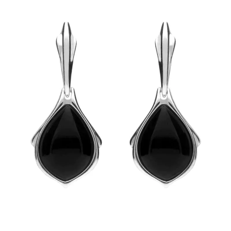 Sterling Silver Whitby Jet Pear Shape Open Back Drop Earrings sold by C.W. Sellors