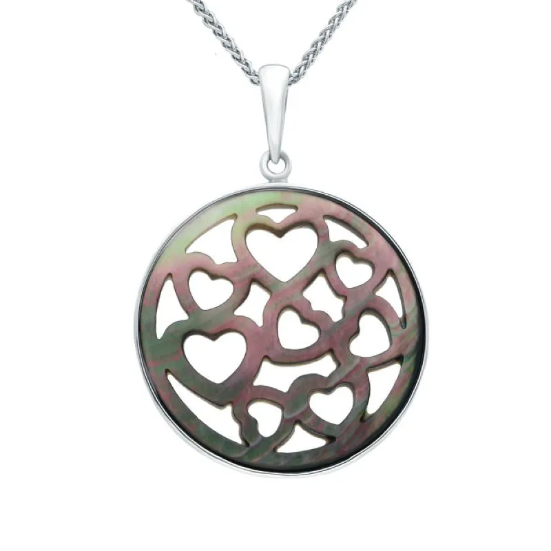 Sterling Silver Dark Mother of Pearl Large Heart Cut Out Round Necklace sold by C.W. Sellors