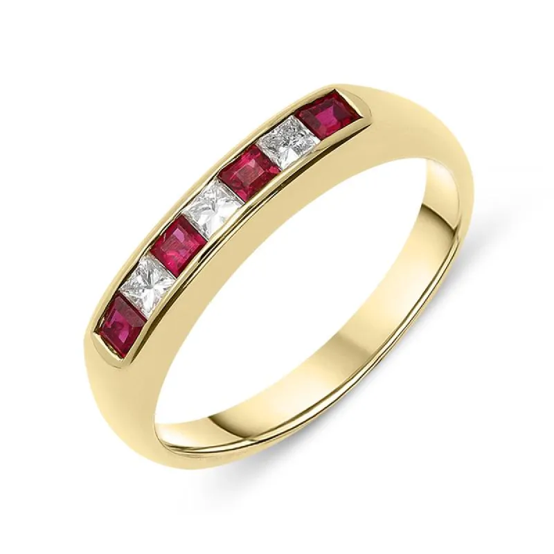 18ct Yellow Gold Ruby Diamond Princess Cut Half Eternity Ring D sold by C.W. Sellors