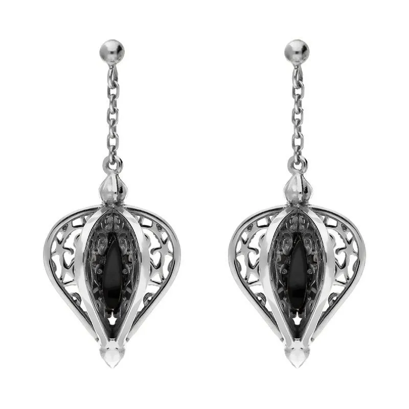 Sterling Silver Whitby Jet Flore Filigree Drop Earrings sold by C.W. Sellors